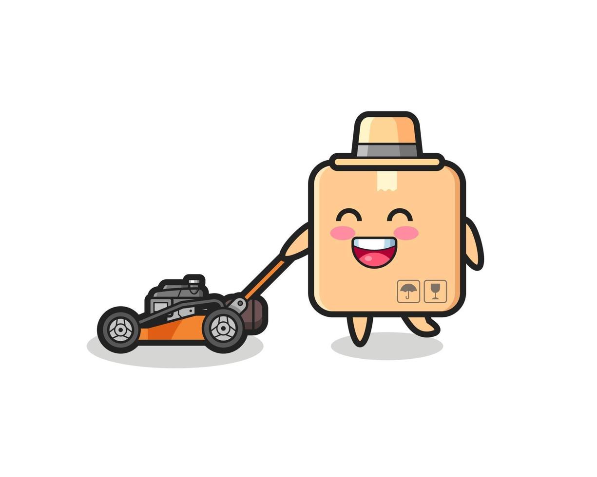 illustration of the cardboard box character using lawn mower vector