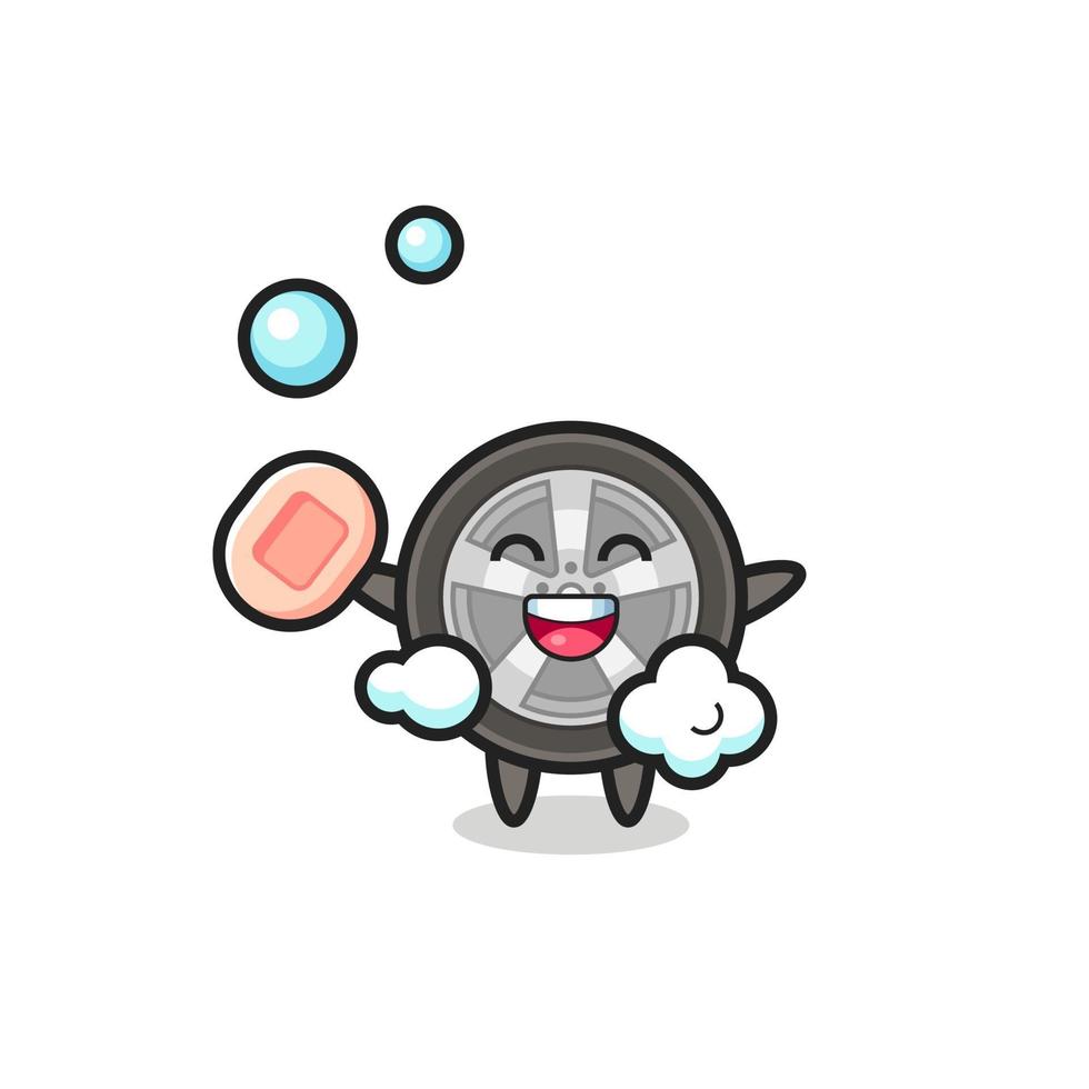 car wheel character is bathing while holding soap vector