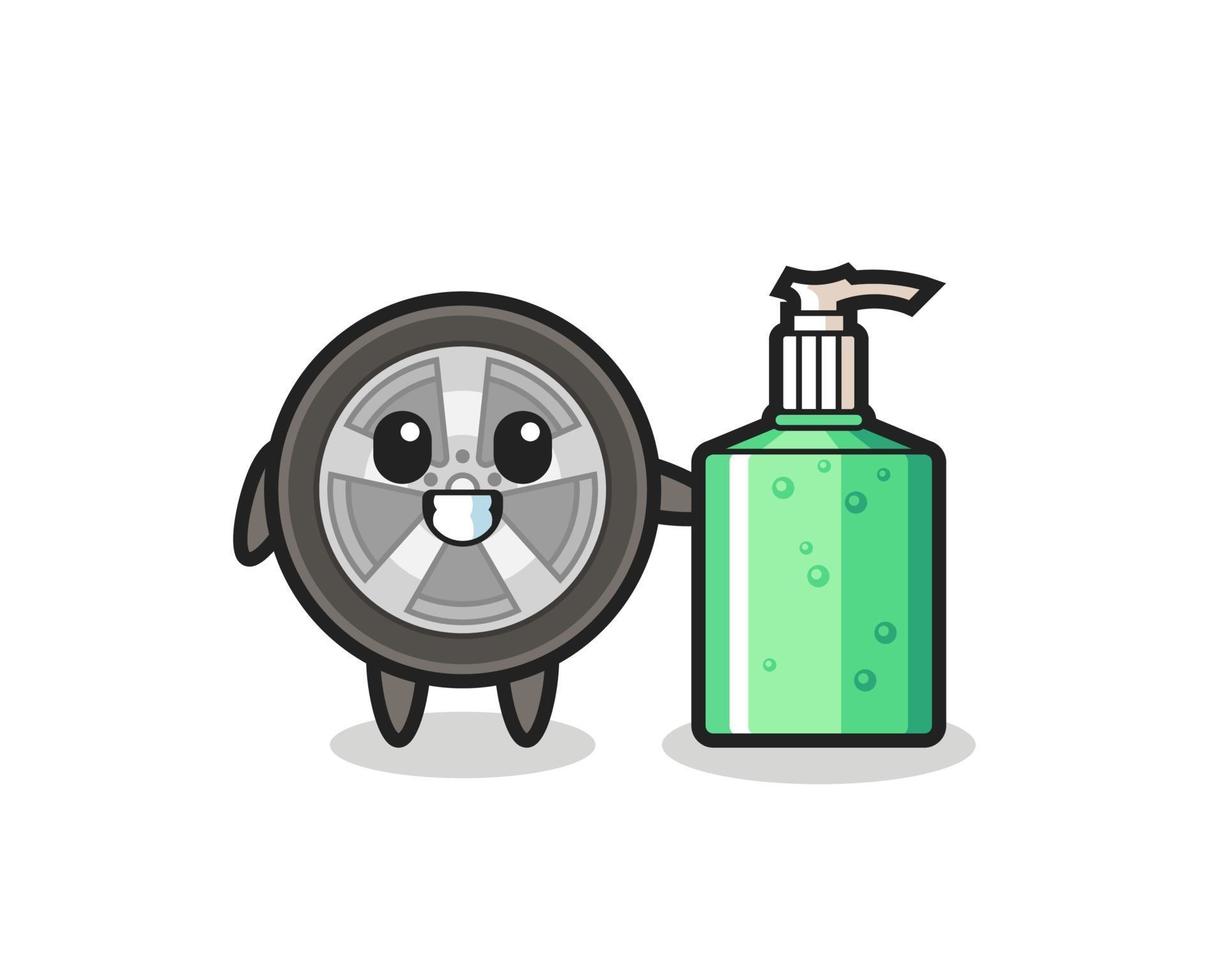 cute car wheel cartoon with hand sanitizer vector