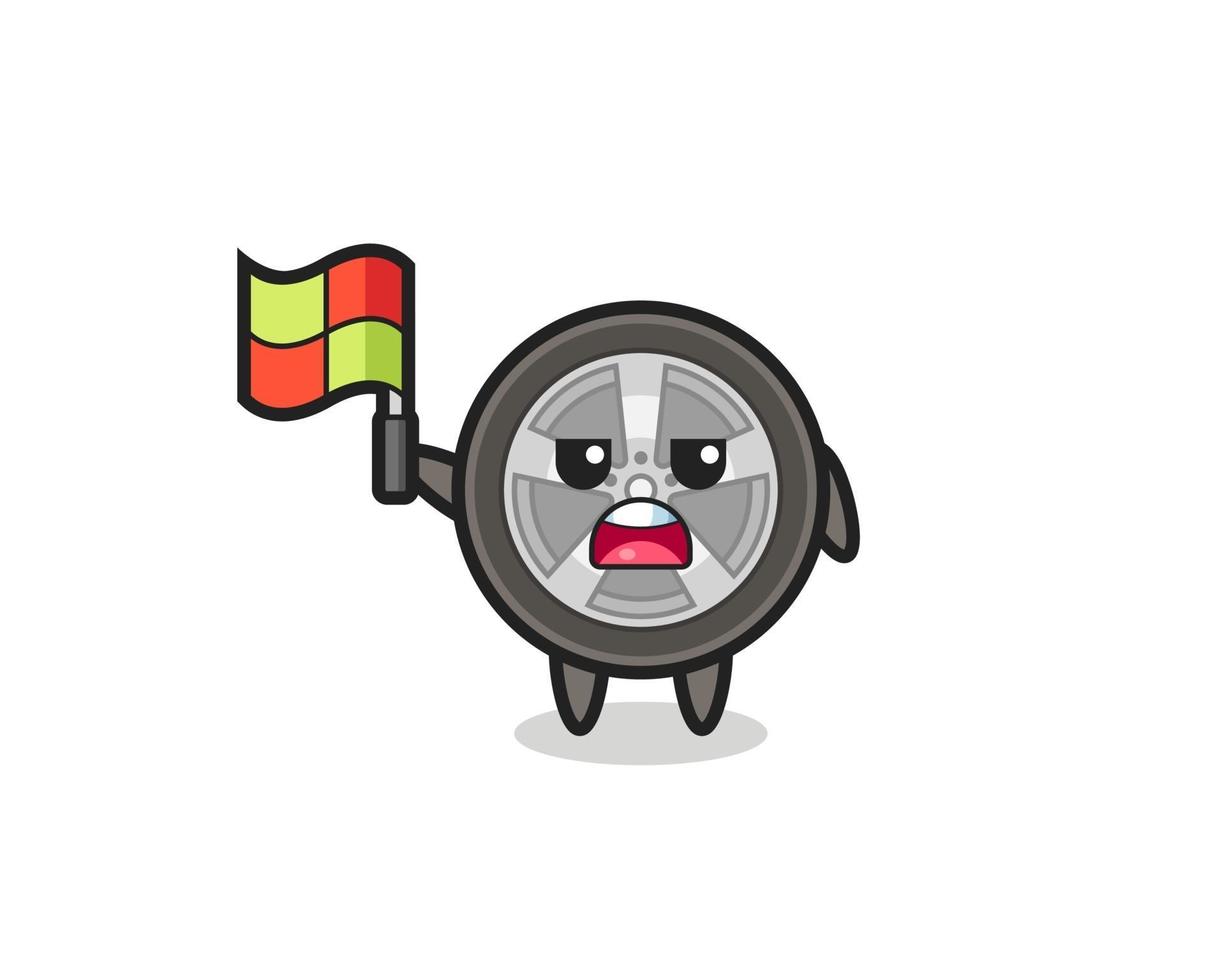 car wheel character as line judge putting the flag up vector