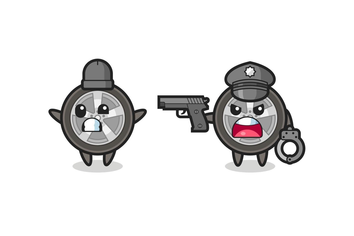 illustration of car wheel robber with hands up pose caught by police vector
