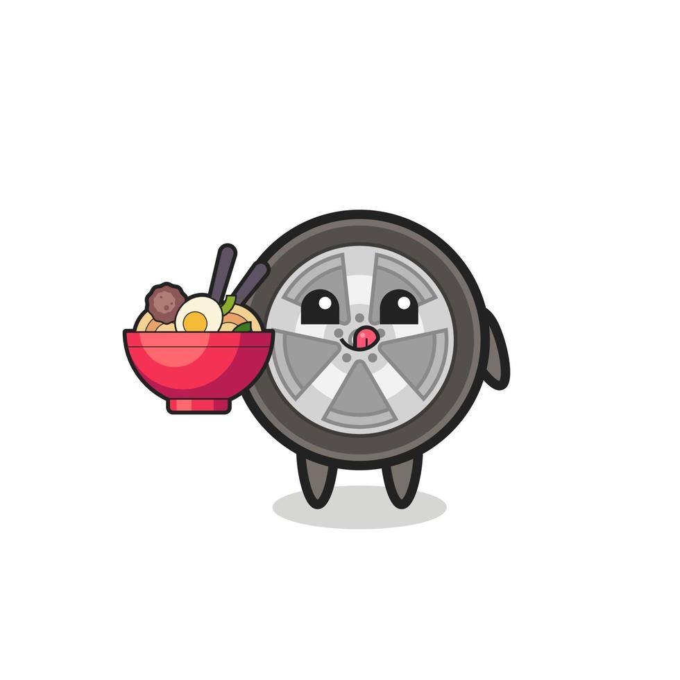 lindo personaje de rueda de coche comiendo fideos vector