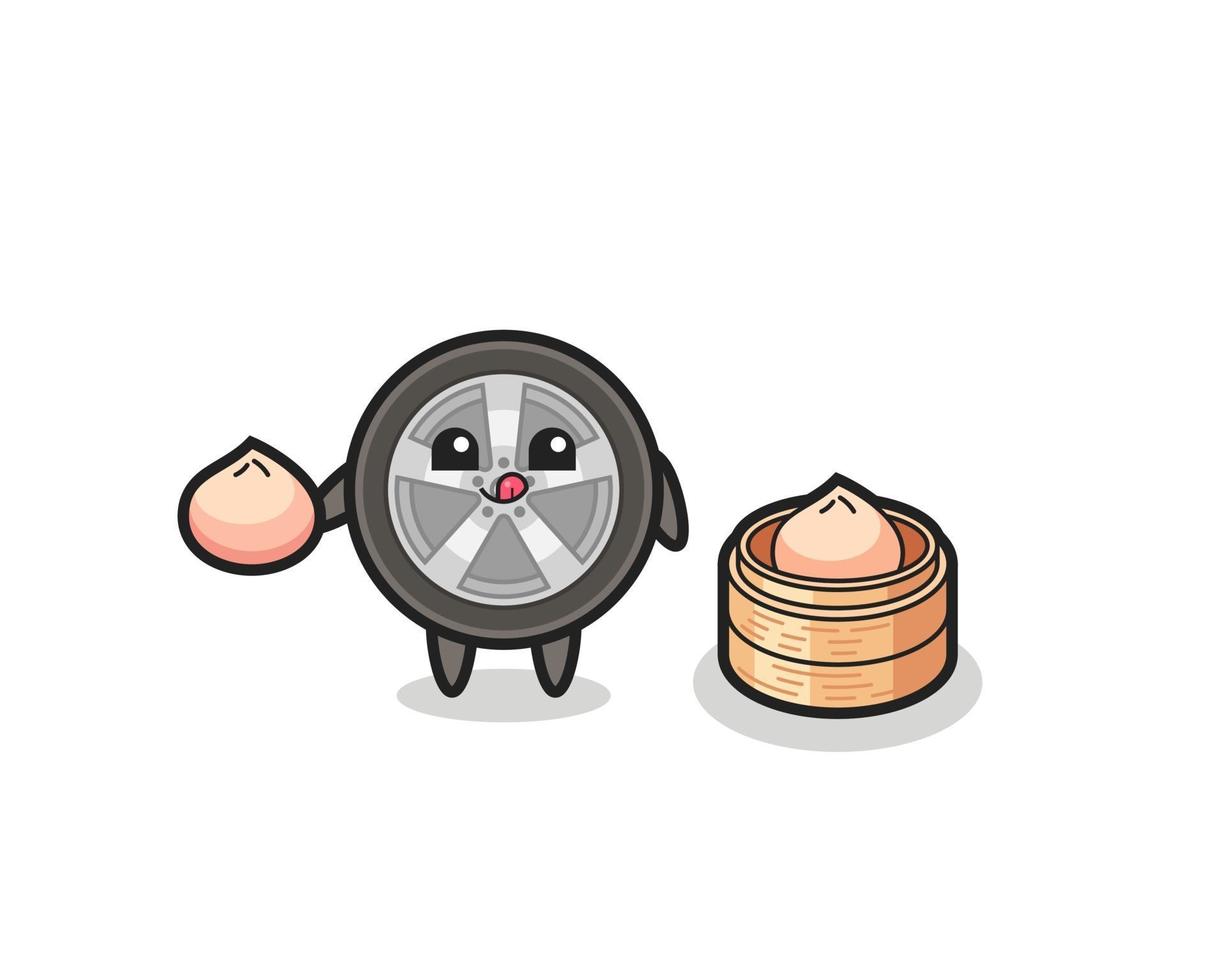 cute car wheel character eating steamed buns vector