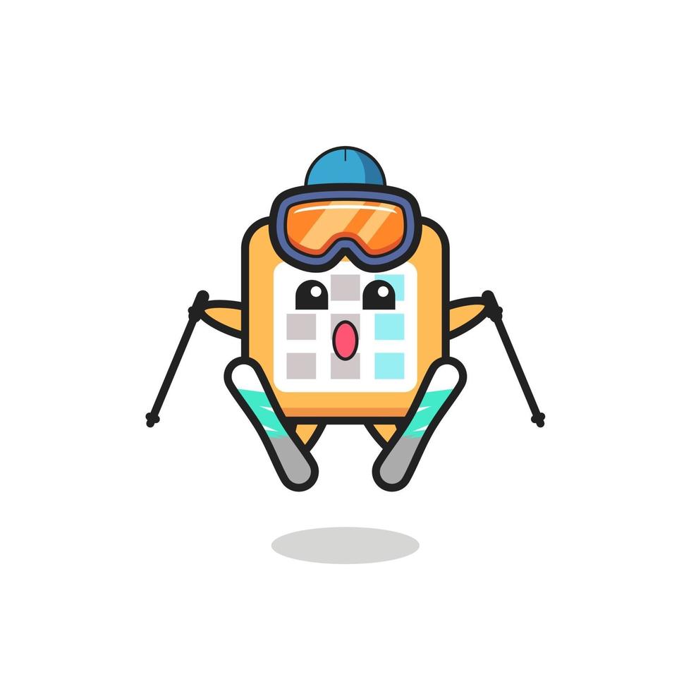 Personaje de mascota de calendario como jugador de esquí. vector