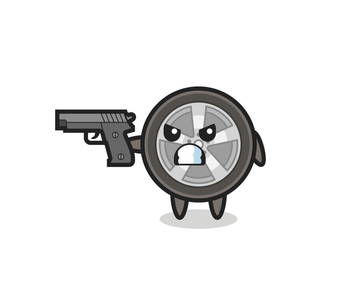 the cute car wheel character shoot with a gun vector
