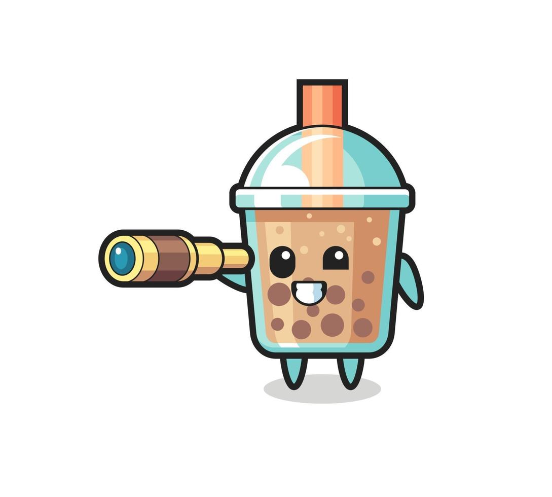 cute bubble tea character is holding an old telescope vector