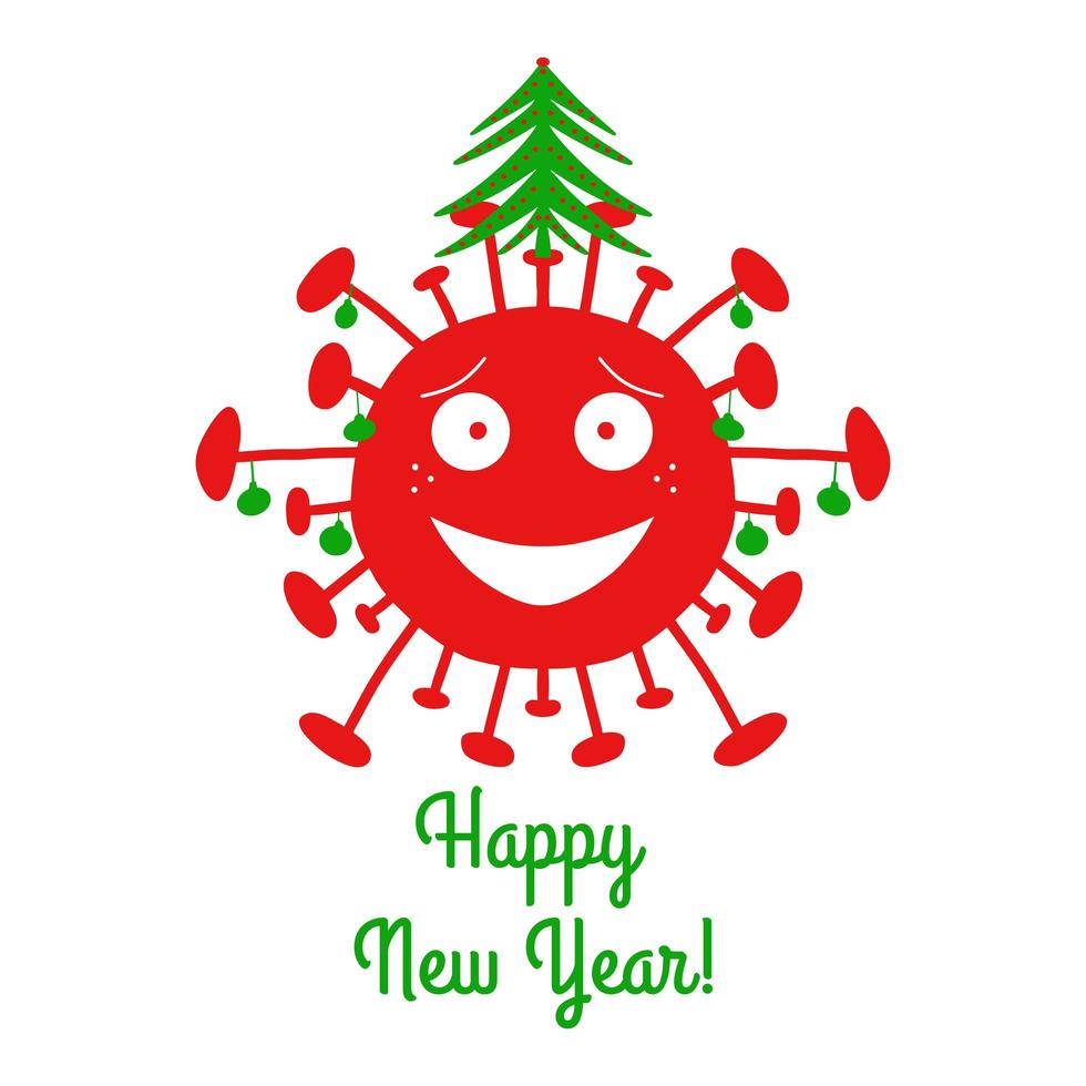 Happy New Year. Red cartoon coronavirus bacteria vector