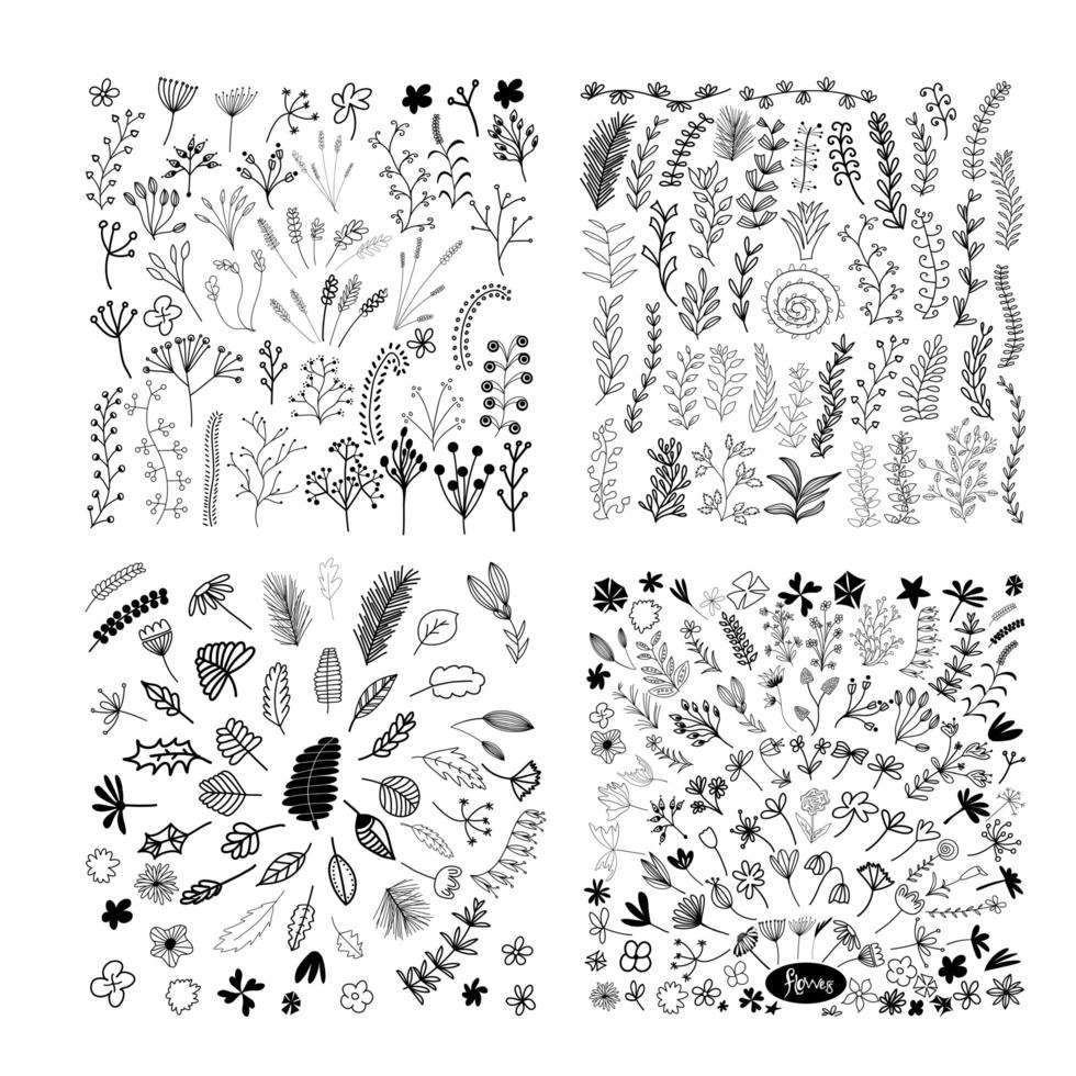 conjunto de flores, hojas y ramas de doodle dibujados a mano vector