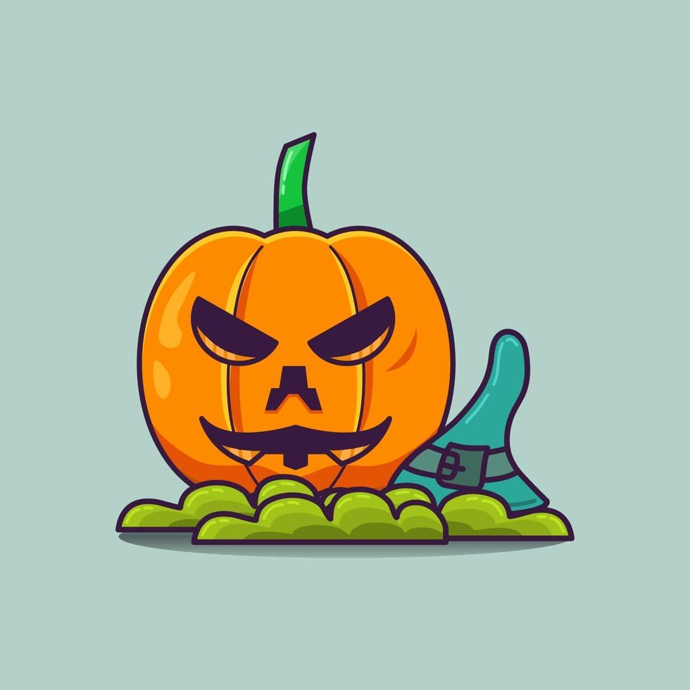 Simple Cute Pumpkin Beside Witch Hat On Grass Illustration vector