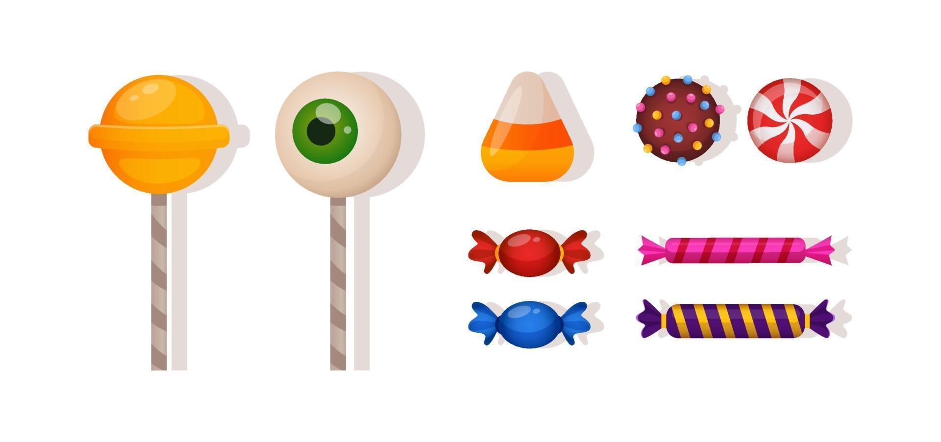 Cartoon candies set for halloween. Eye lollipop, long candy, isolated vector