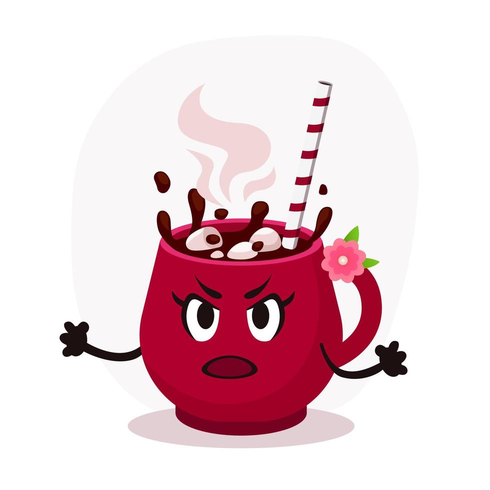 Angry vector flat christmas pink cup illustration. Hot coffee drink