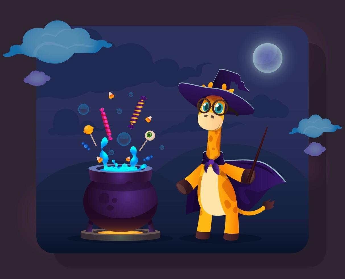 Funny cartoon giraffe in witch clothes standing near magic pot vector