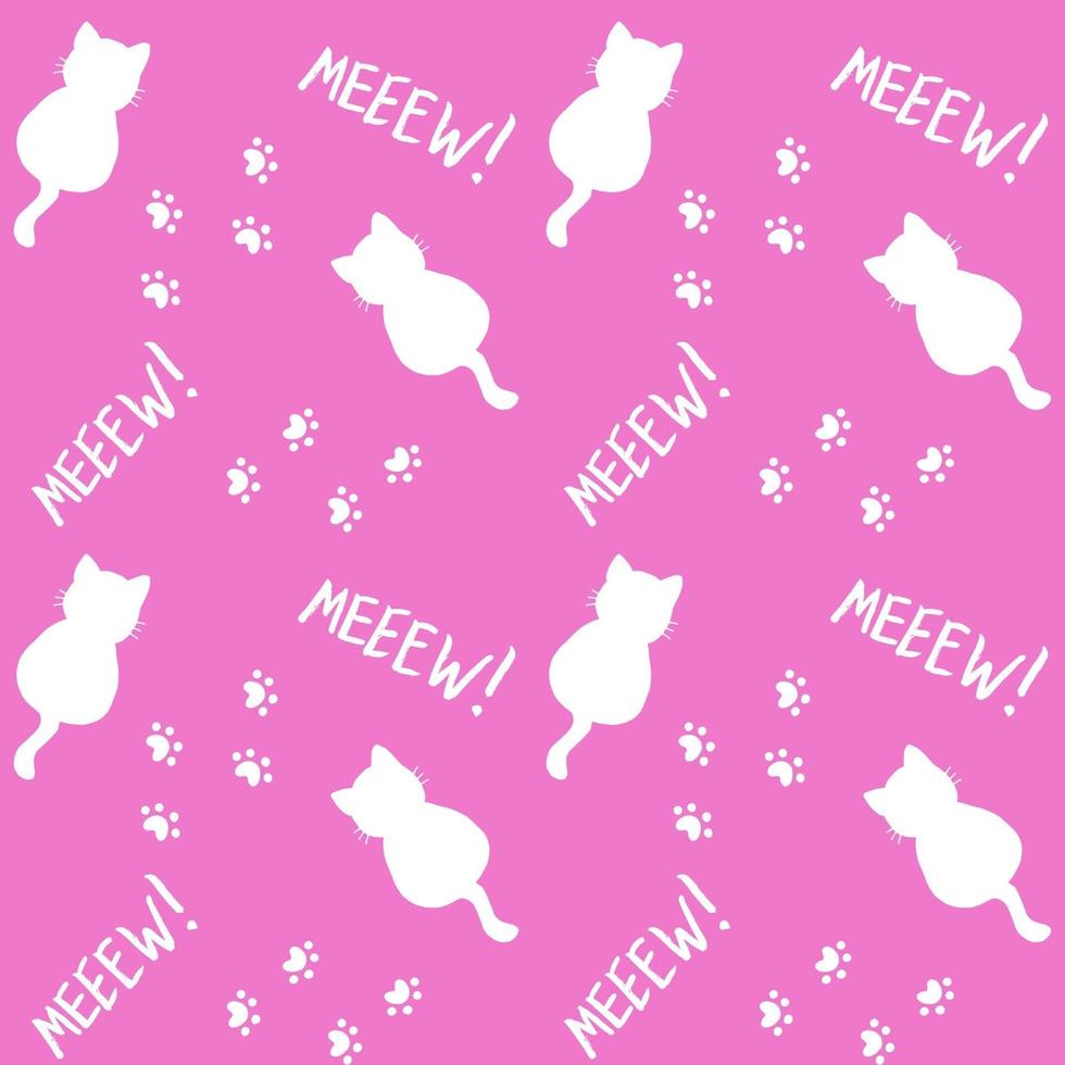 Cute seamless pattern with cats, steps and mew quote. Pink and white vector