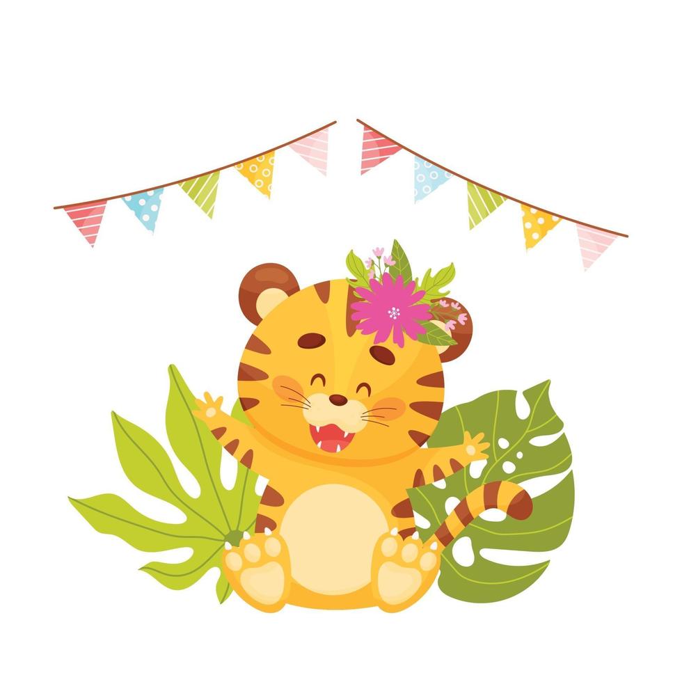 Cute cartoon happy little tiger in the jungle. vector illustration