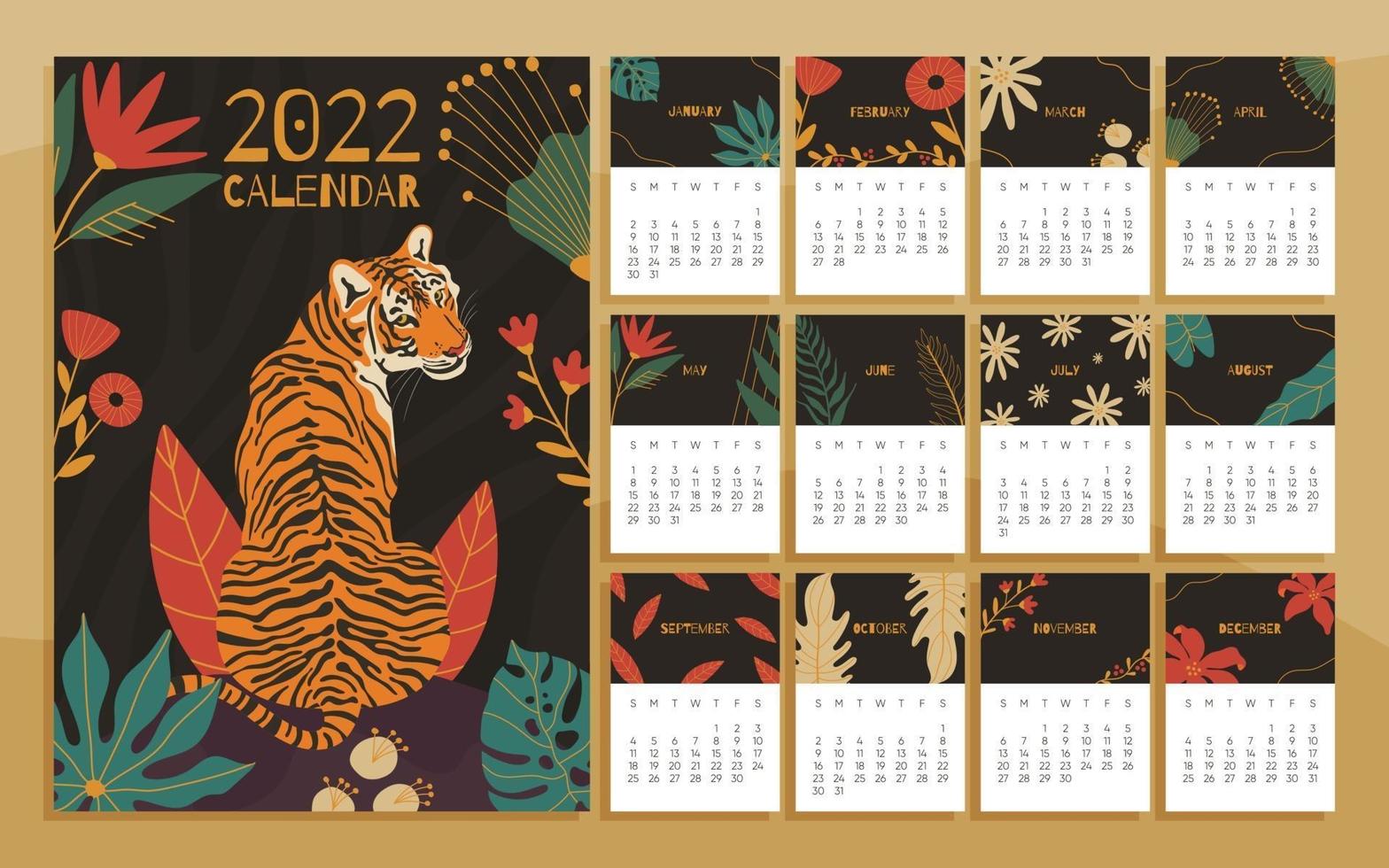 Calendario imprimible 2022 con ilustraciones de tigre y follaje floral vector