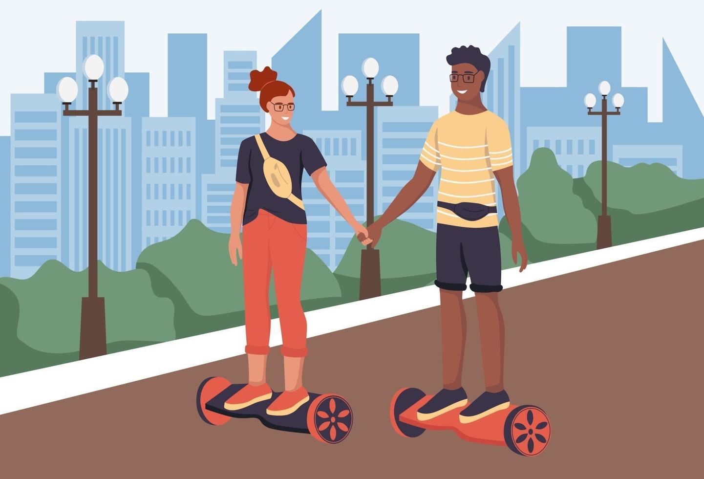 un hombre joven y una mujer viajan en un scooter autoequilibrado vector