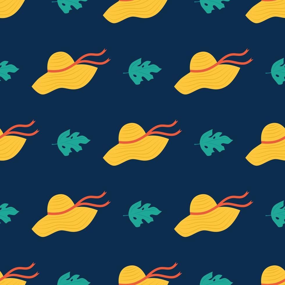 Summer cute pattern. Summer women's hat and monstera vector