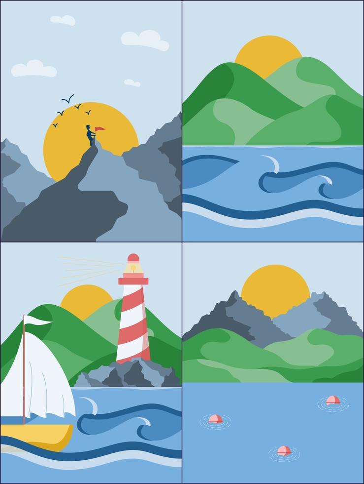 carteles de diferentes paisajes vistas al mar, montañas y colinas vector