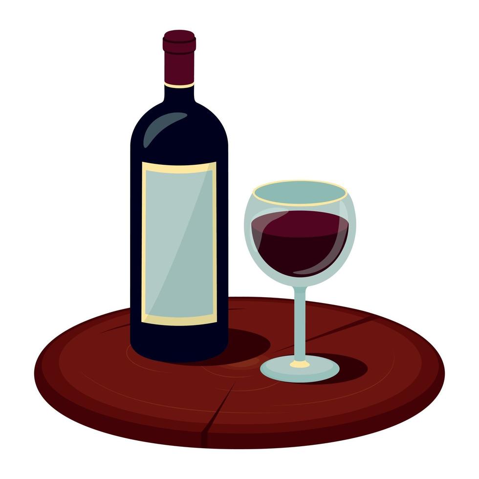 botella de vino, copa de vino en soporte de madera de estilo plano. vector