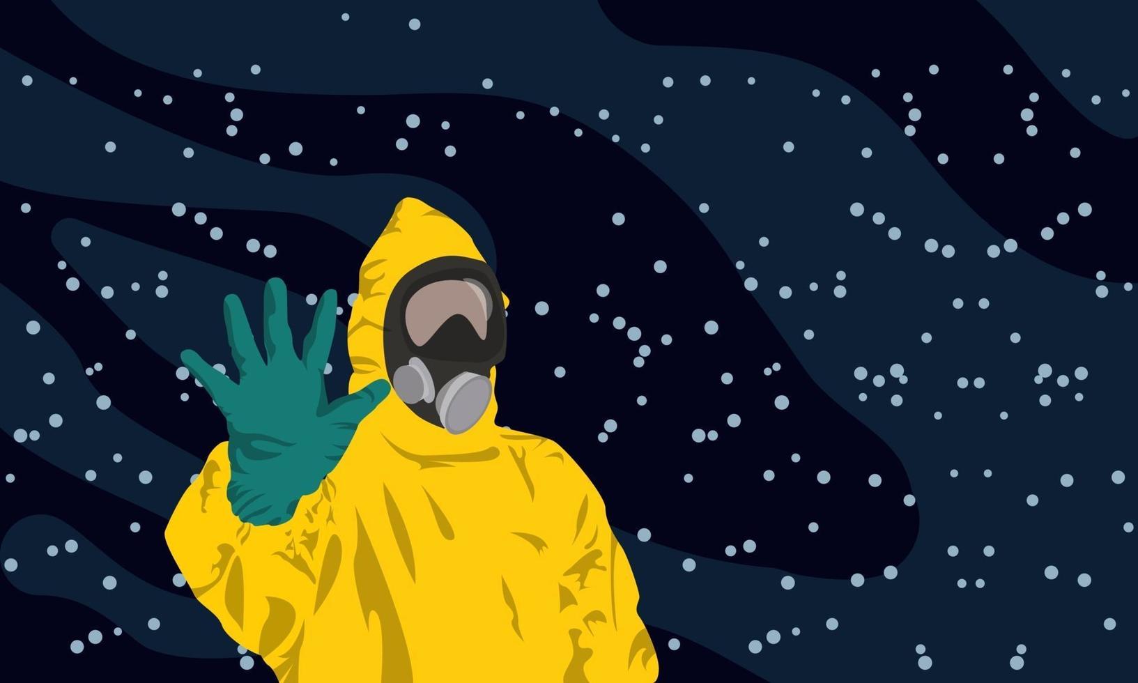 Illustration of man wearing yellow hazmat suits on blue background. vector