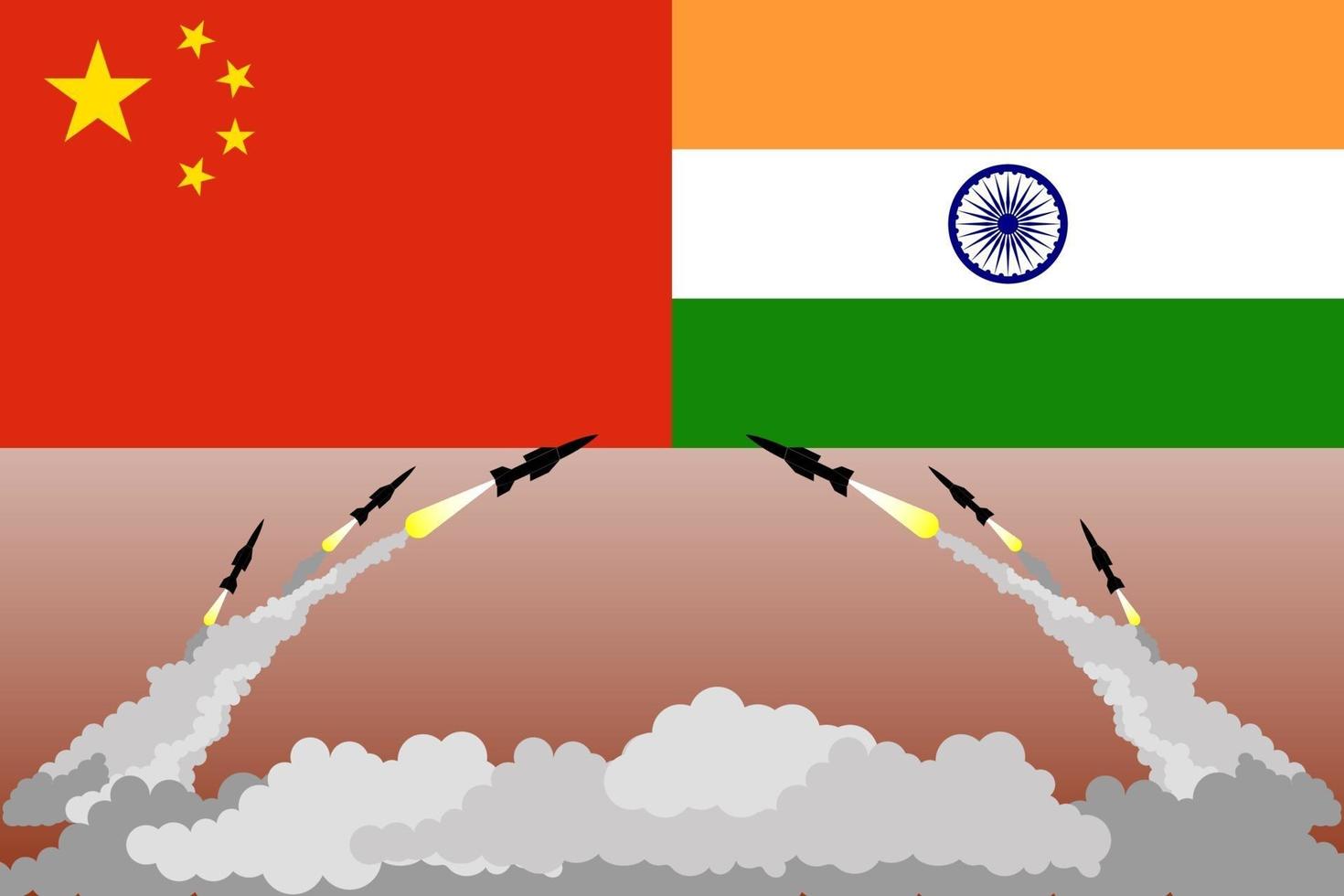 Ilustración de disparar misiles sobre fondo de banderas de China e India. vector