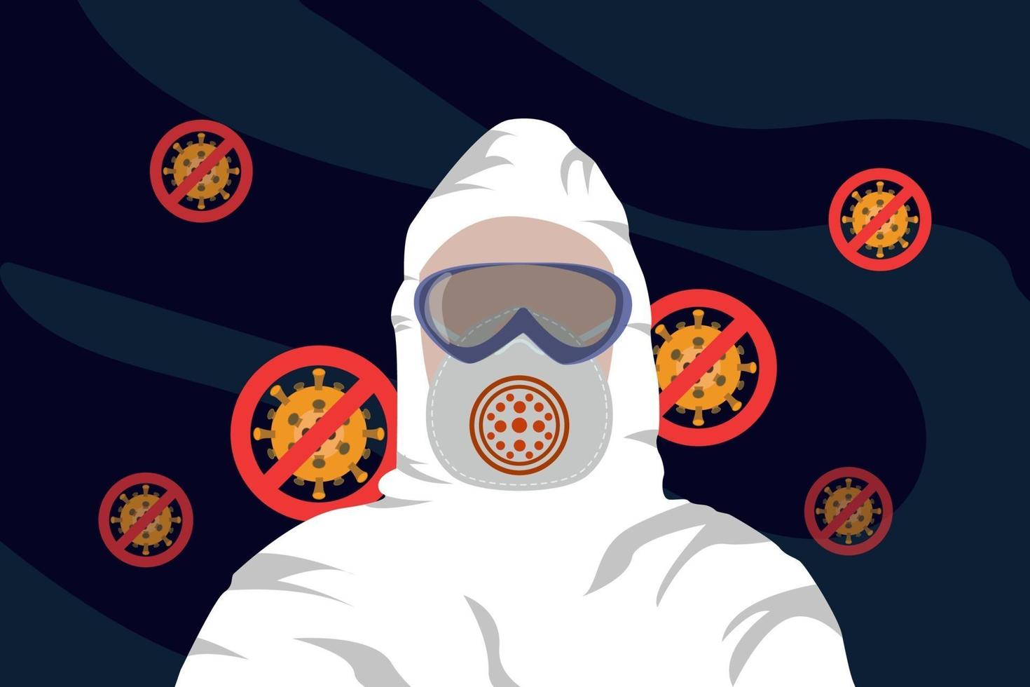Man in protective hazmat suit and no virus sign vector