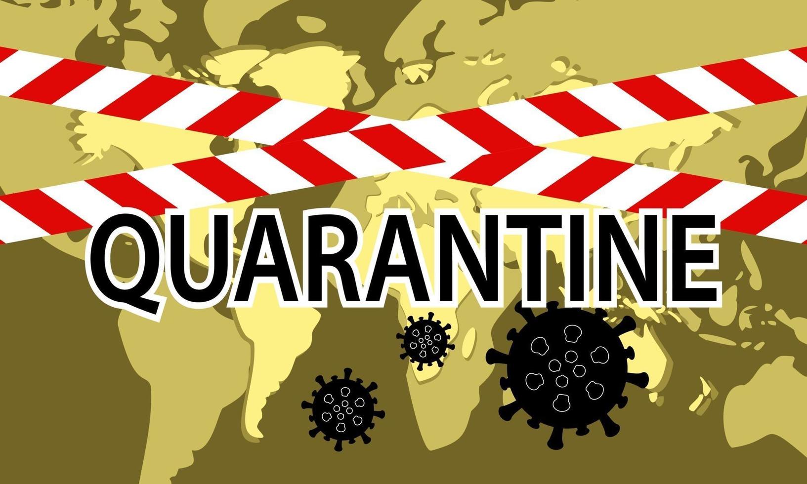 red quarantine tape isolated and corona virus in world map background vector