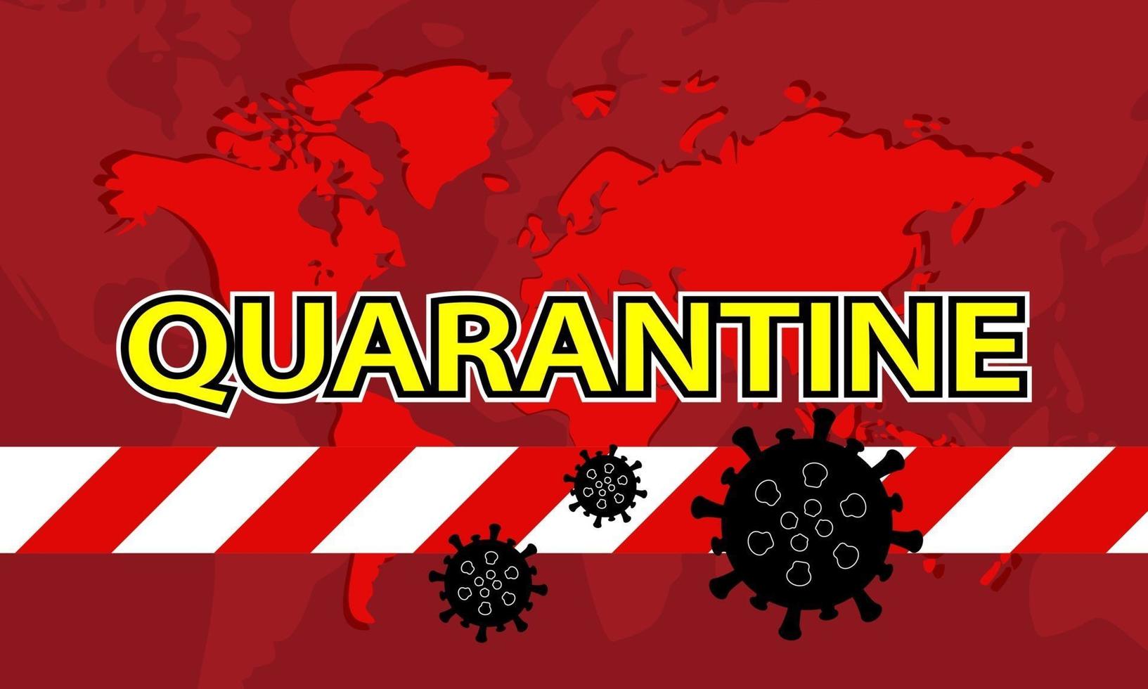 red quarantine tape isolated and virus in world map red background. vector