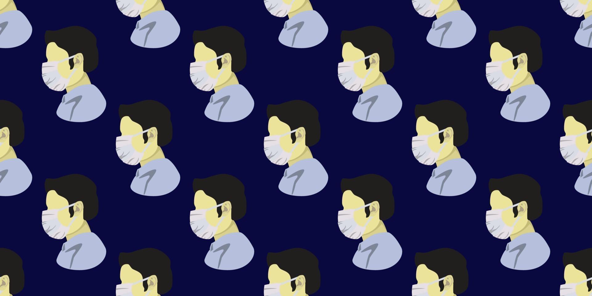 Seamless pattern of a man wearing surgical mask on blue background. vector