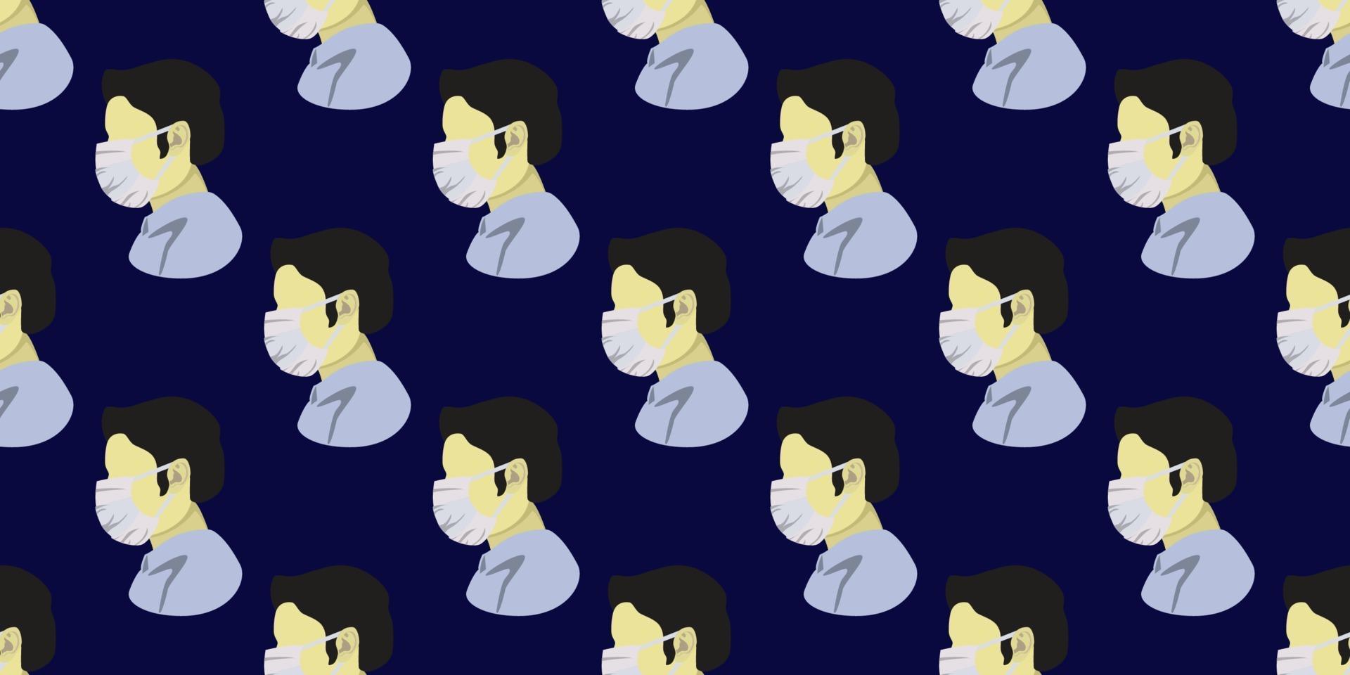 Seamless pattern of a man wearing surgical mask on blue background. vector