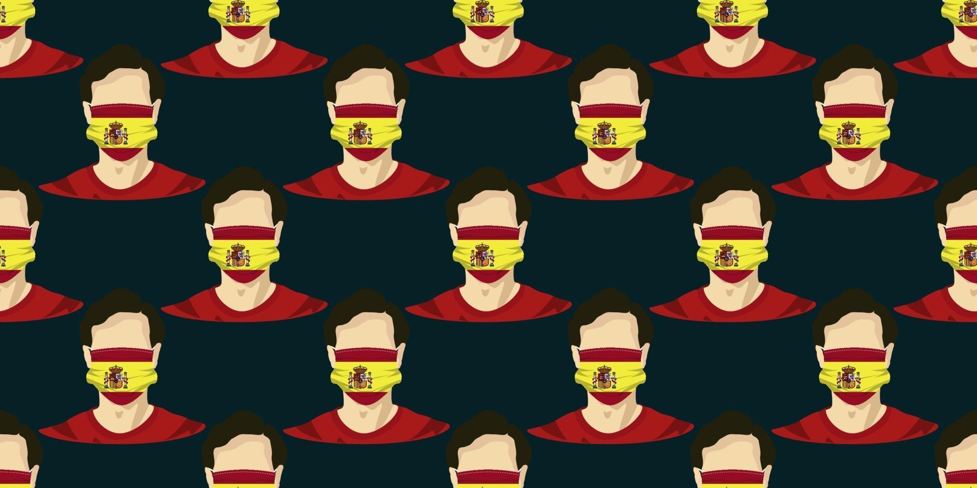 Seamless pattern of image man wearing spain flags surgical mask. vector