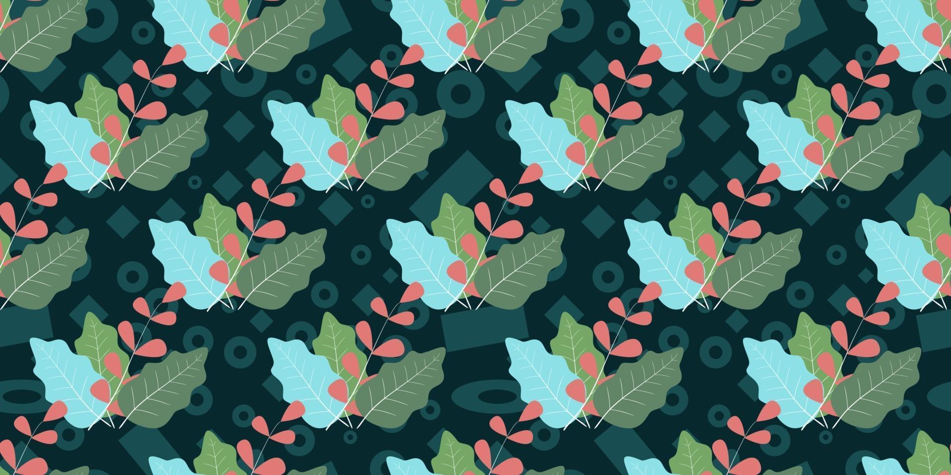 Seamless pattern of green leaves isolated on green memphis element. vector
