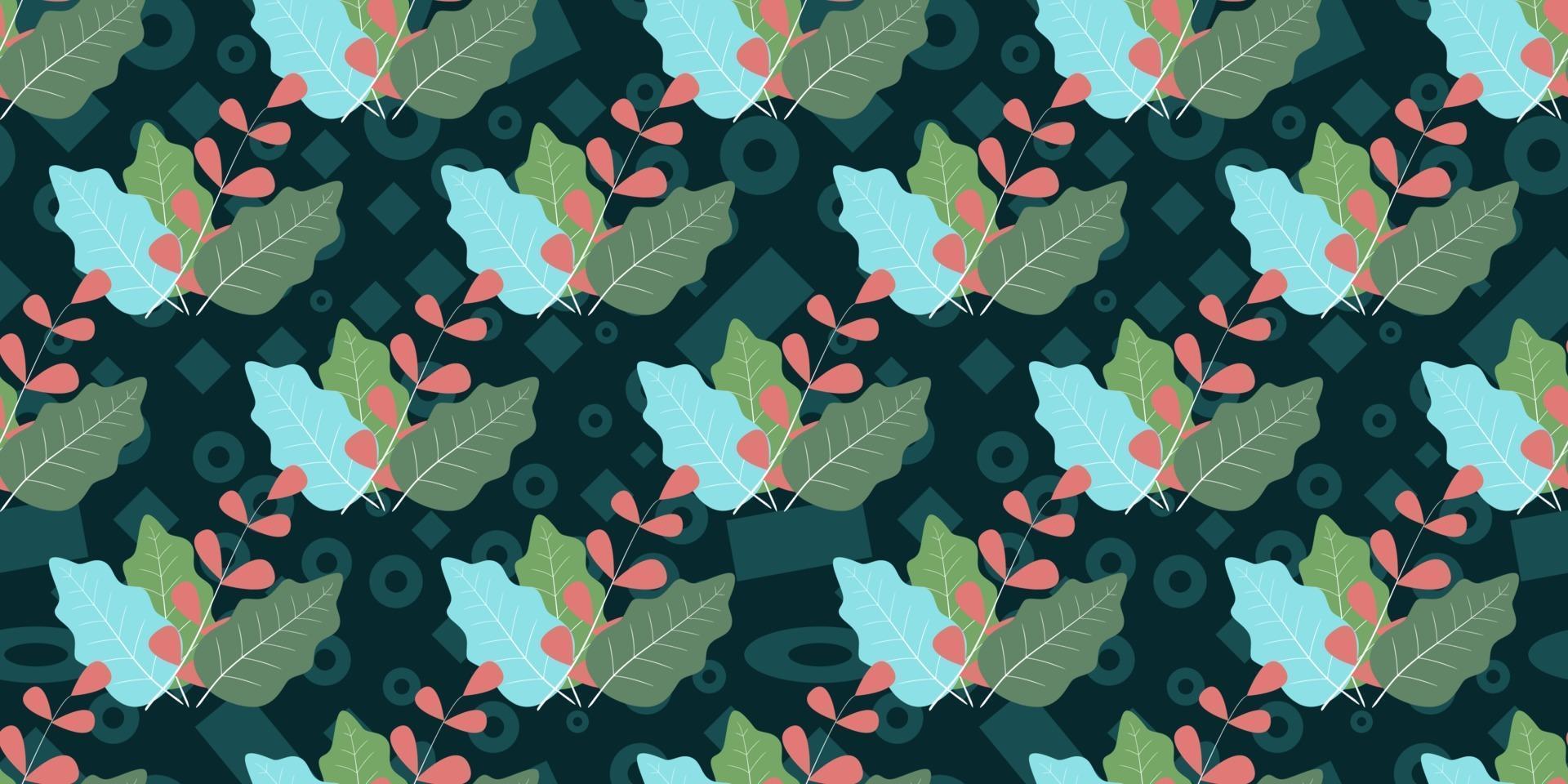 Seamless pattern of green leaves isolated on green memphis element. vector