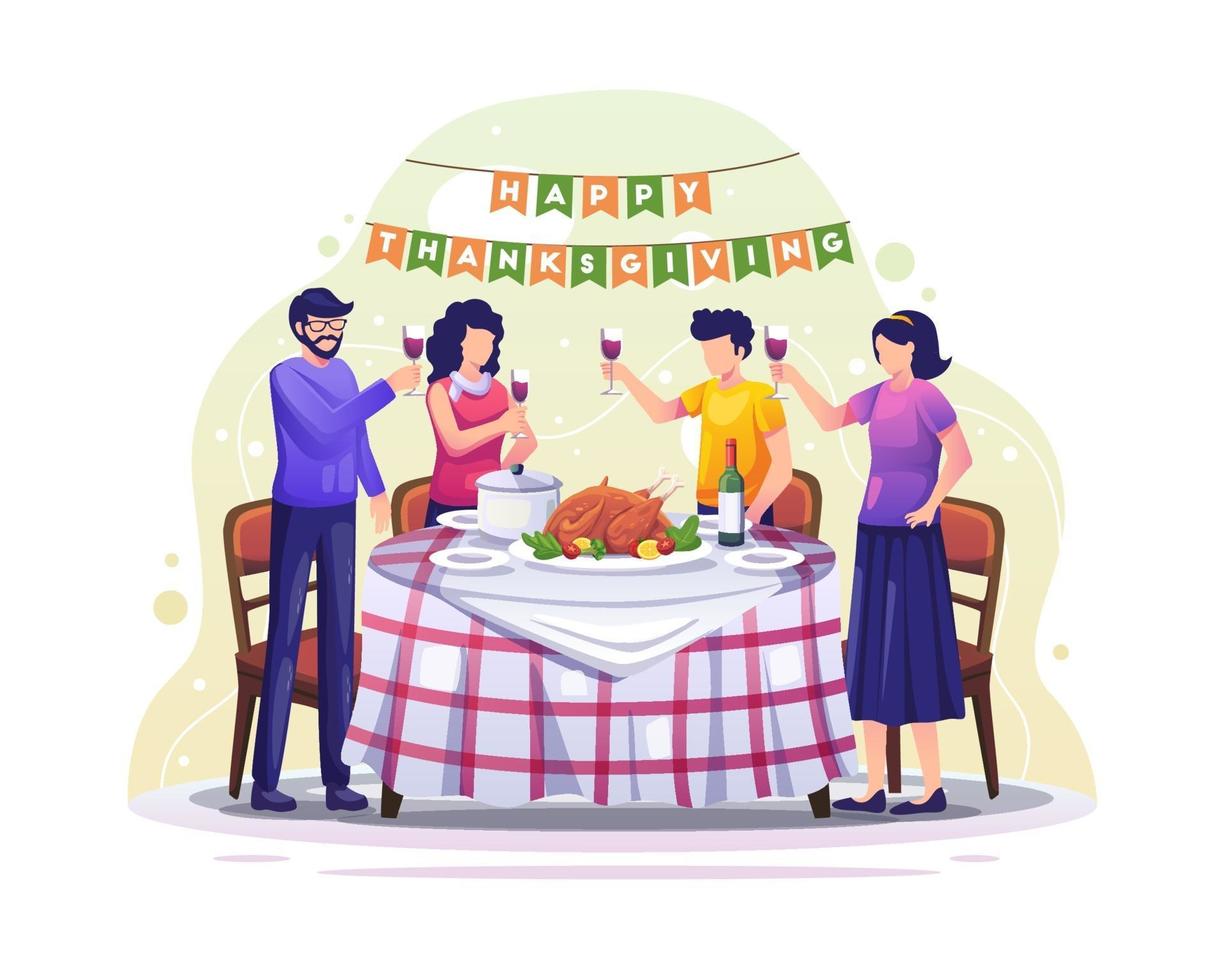 La familia celebra la acción de gracias cenando ilustración vectorial vector