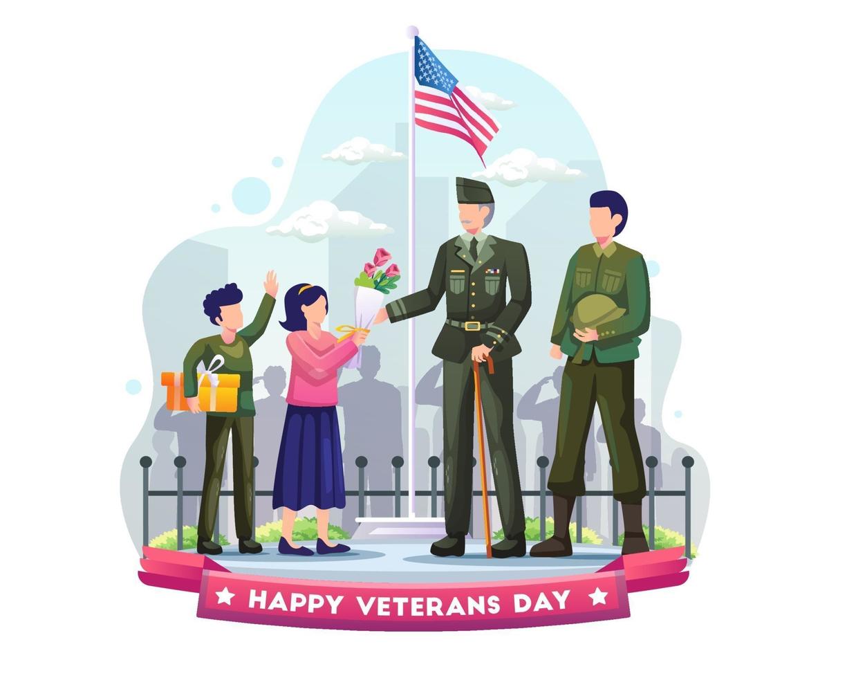 los niños regalan flores a los veteranos del ejército en la ilustración del día de los veteranos vector