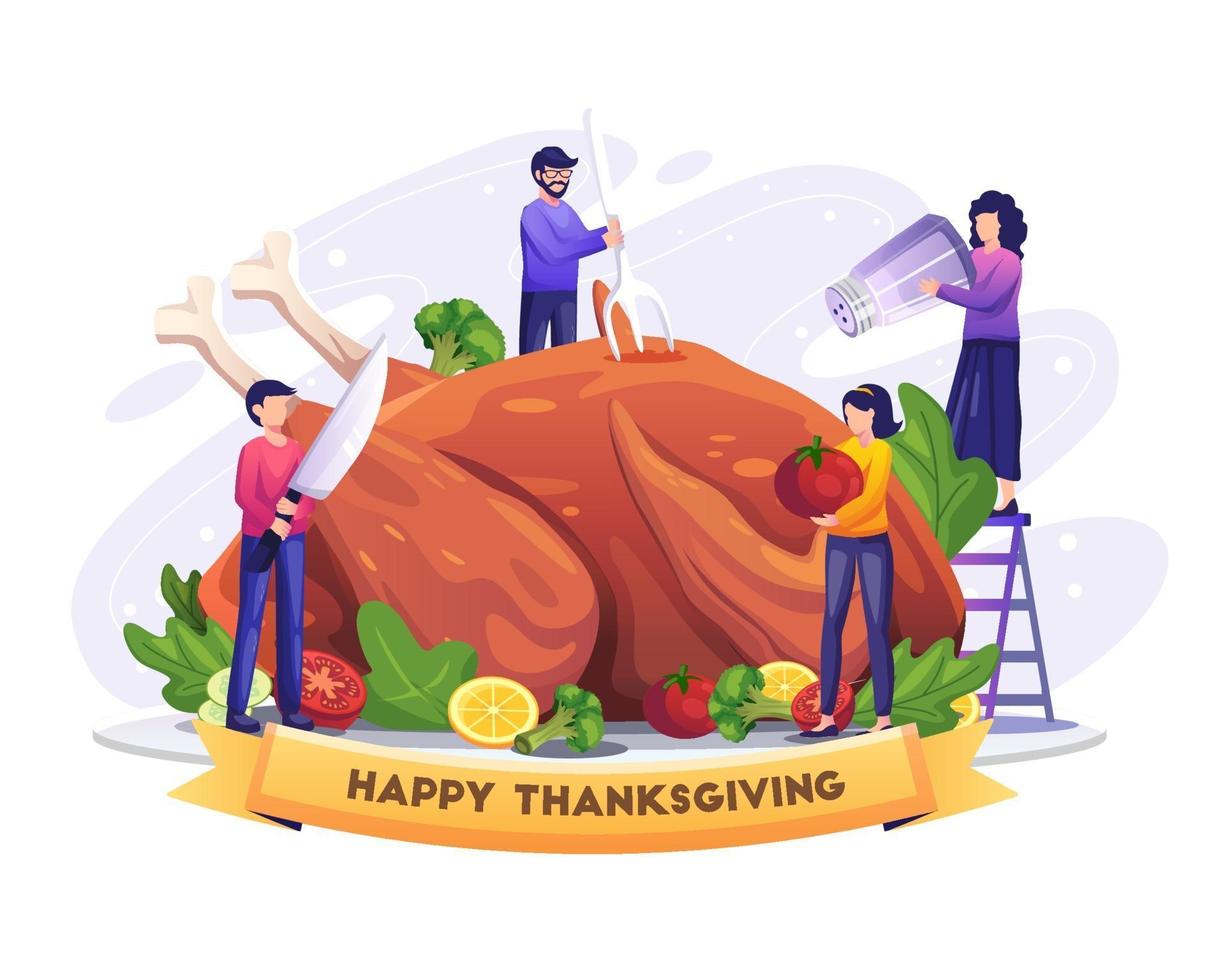 Gente cocinando un pavo enorme en la ilustración de vector de acción de gracias