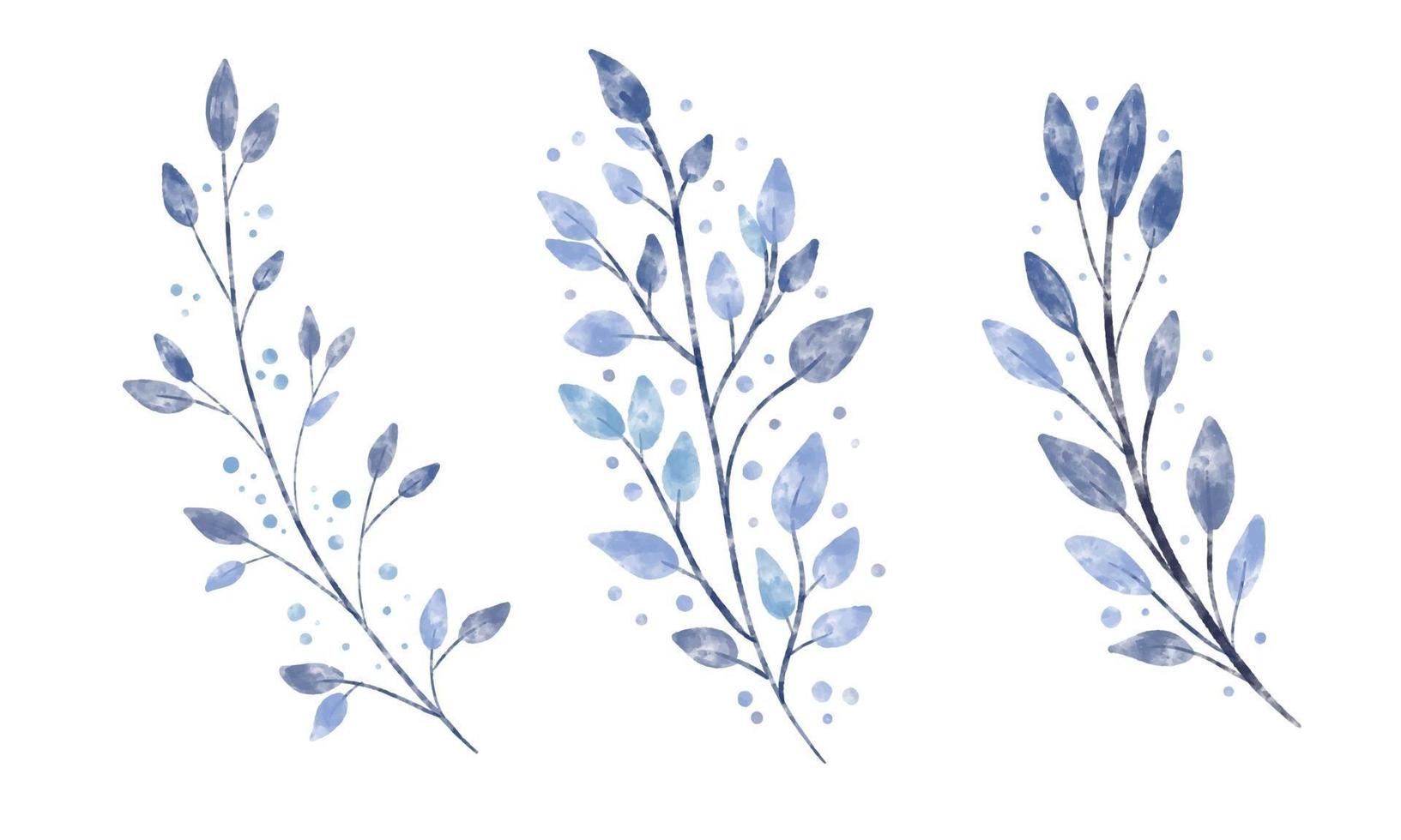 Set of watercolor textured vector branch with blue leaves and dots