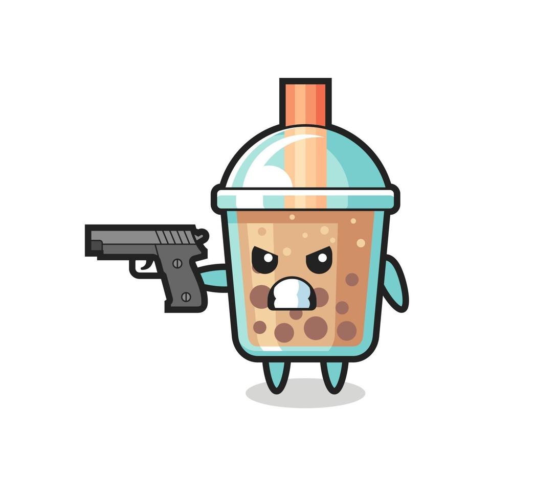 el lindo personaje de bubble tea dispara con una pistola vector