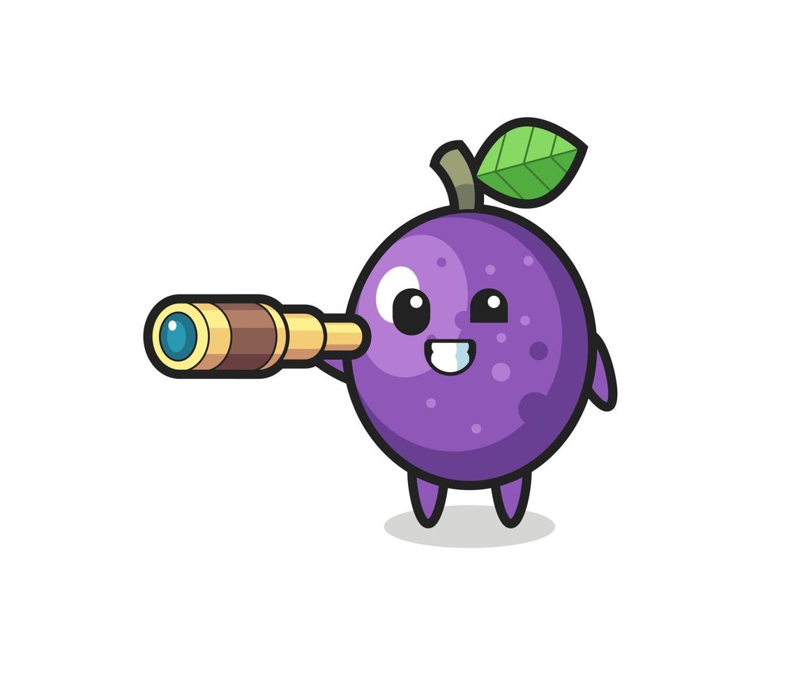 cute passion fruit character is holding an old telescope vector