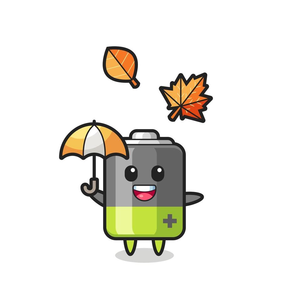 cartoon of the cute battery holding an umbrella in autumn vector