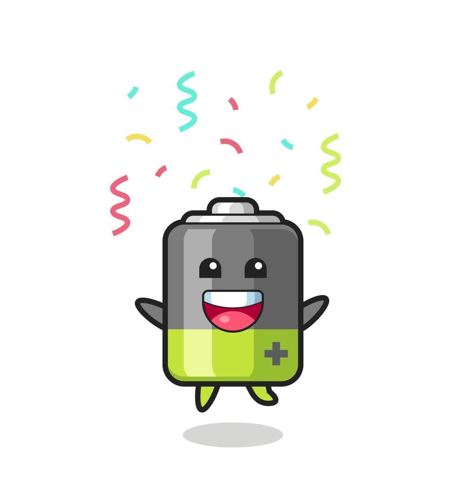 happy battery mascot jumping for congratulation with colour confetti vector