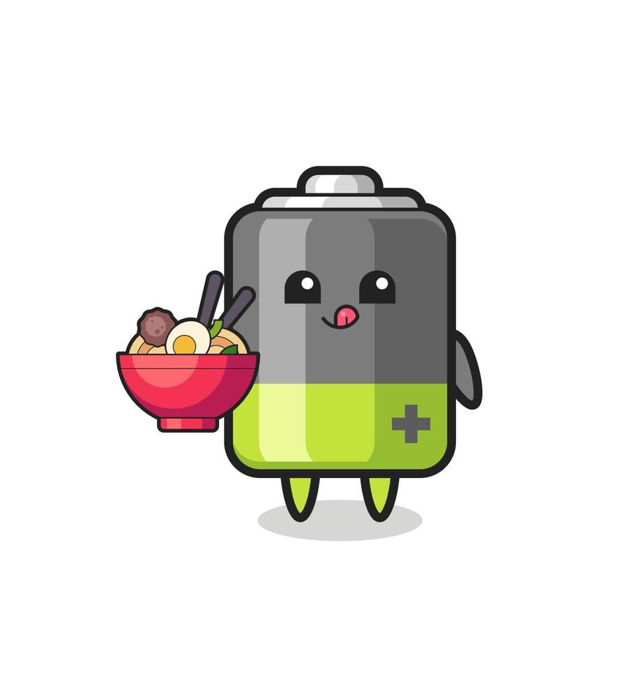 cute battery character eating noodles vector