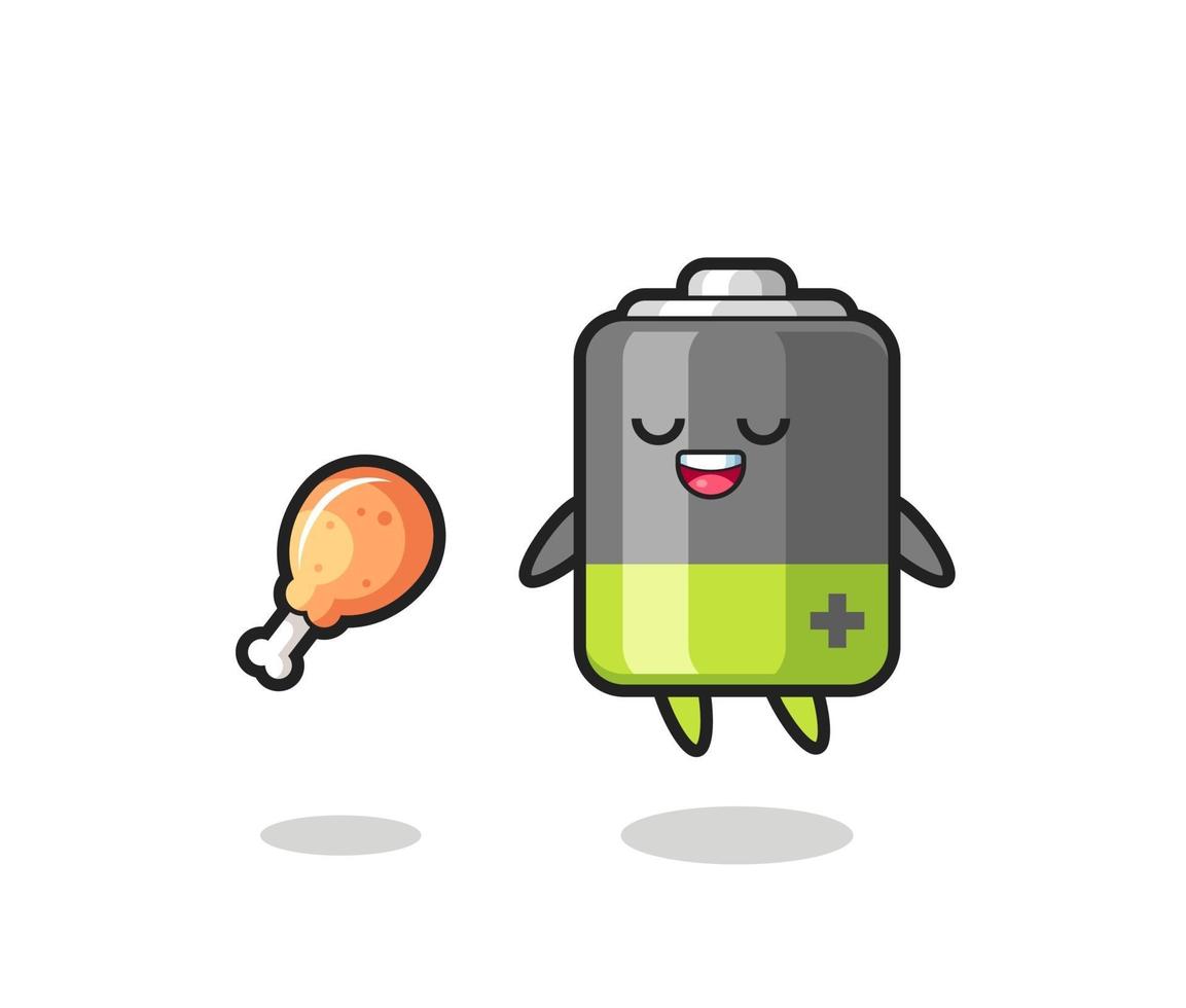 cute battery floating and tempted because of fried chicken vector