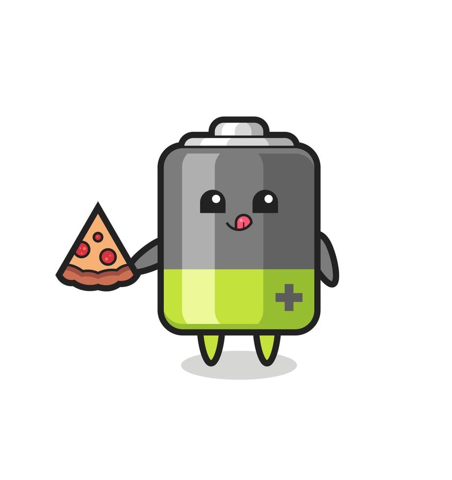 cute battery cartoon eating pizza vector