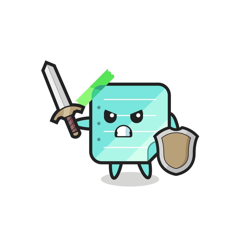 cute blue sticky notes soldier fighting with sword and shield vector