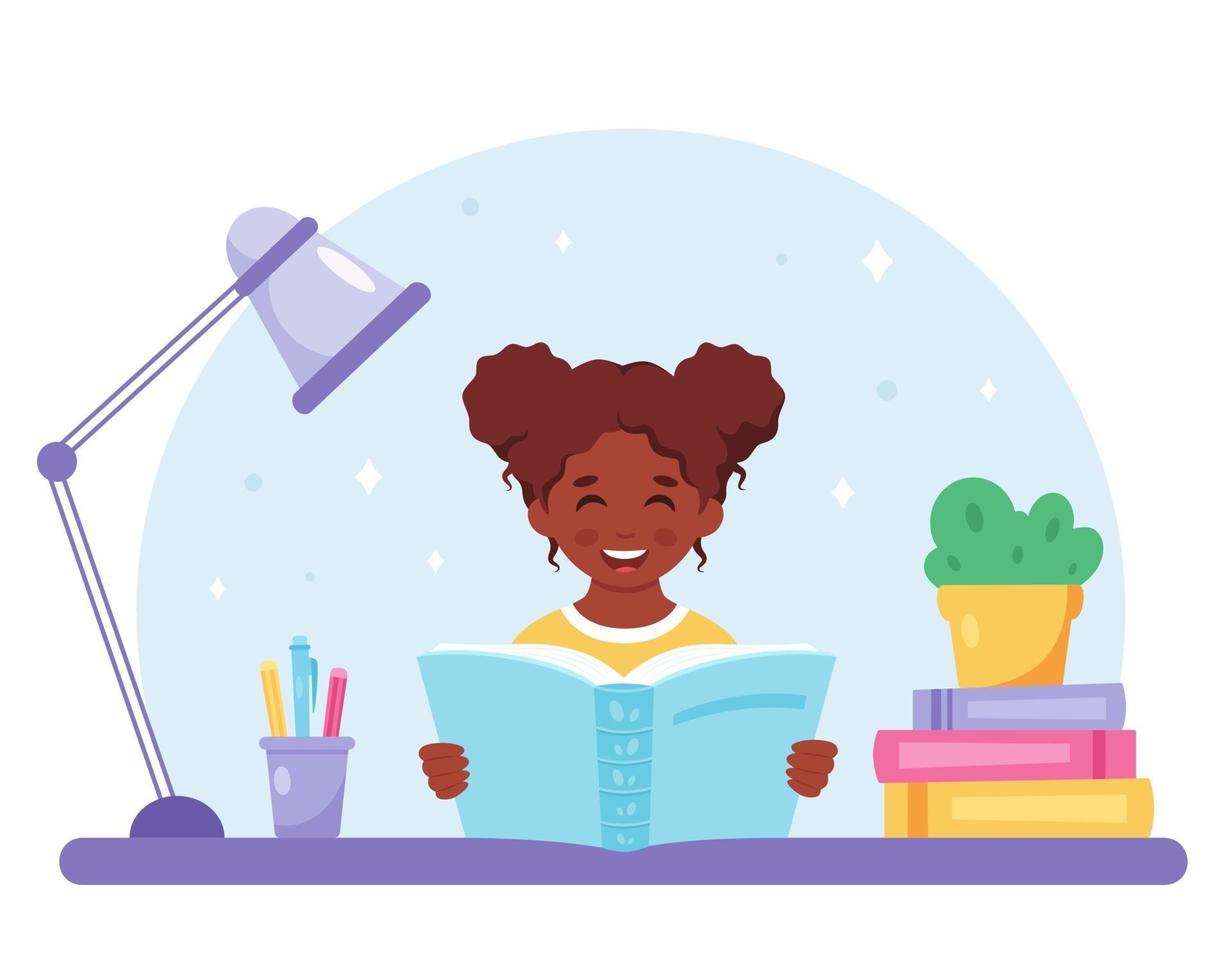 Black girl reading book. Girl studying with a book. vector