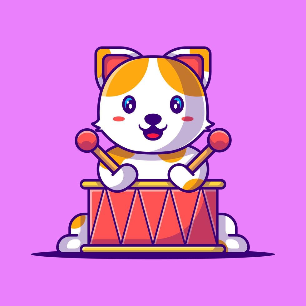 Lindo gato tocando la ilustración de vector de dibujos animados de tambor.