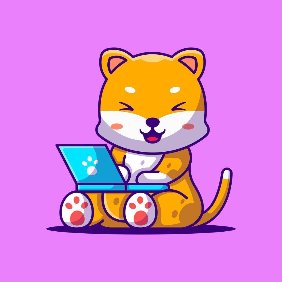 Cute Shiba with Laptop Cartoon Illustration vector