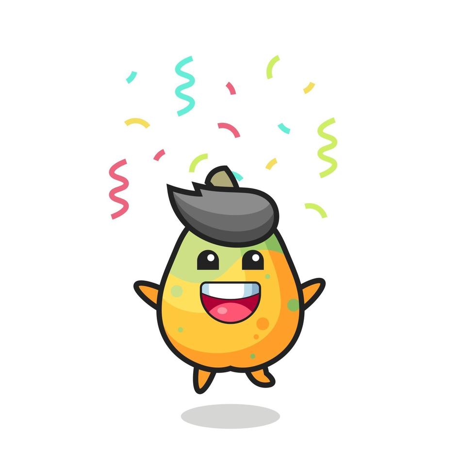mascota de papaya feliz saltando de felicitación con confeti de colores vector