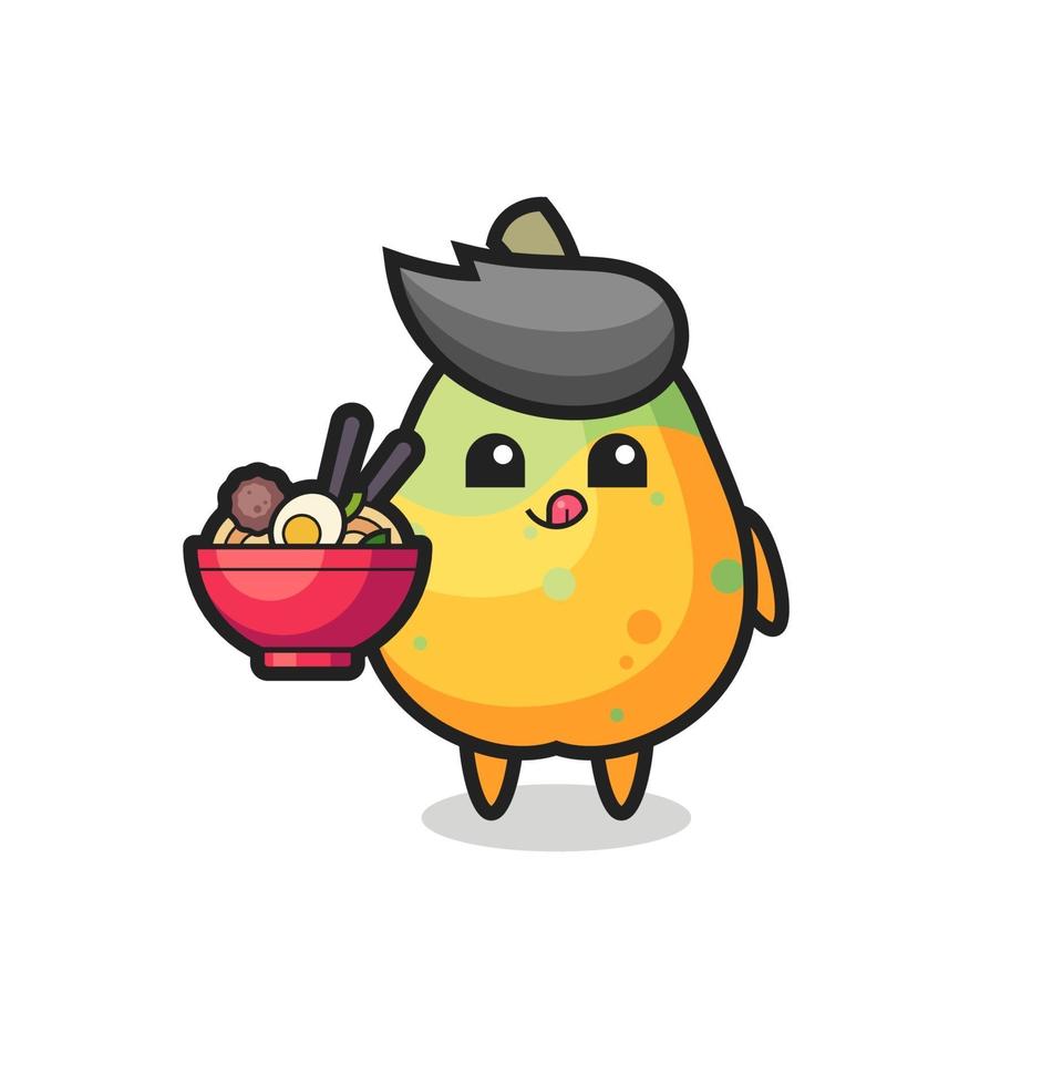 lindo personaje de papaya comiendo fideos vector